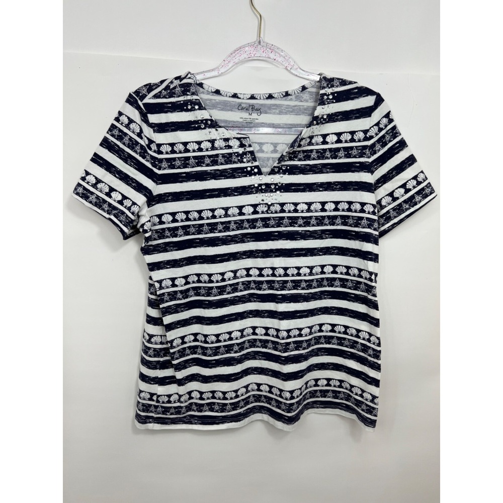 CORAL BAY Cotton Blend Navy & White Embellished Jewels Top Womens‎ Size Medium